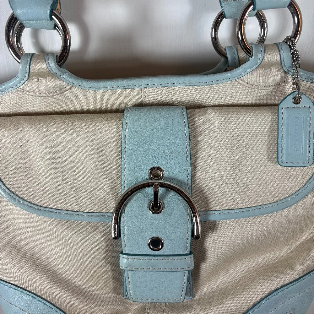 COACH | Light Blue Leather & Cream Canvas Satchel Tote | Y2K Vintage | RARE - Picture 2 of 10
